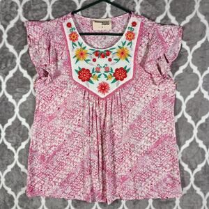 Savanna Jane Top Blouse Women Small Pink Cottage Ruffle Sleeve Cowgirl Boho